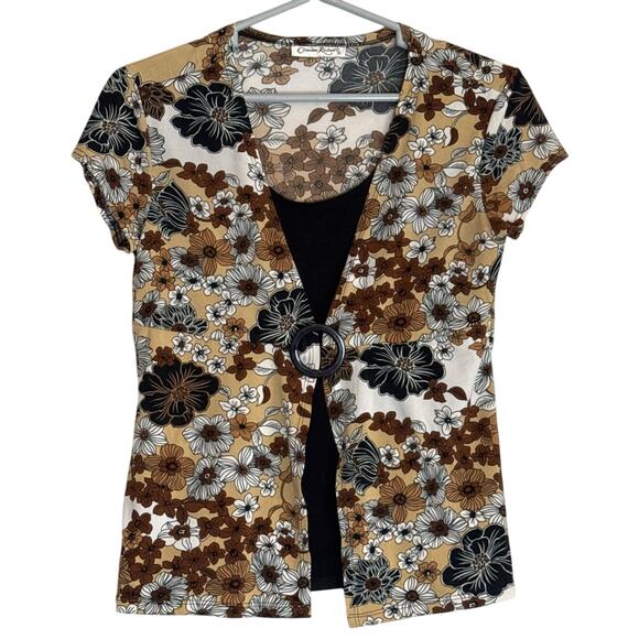 Y2K Brown Black Boho Chic Retro Floral Layered Top Womens Medium Indie Sleaze - Picture 8 of 8